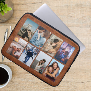 Housse Pour Ordinateur Portable Collage de 8 photos personnalisé en cuir marron mo