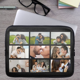 Housse Pour Ordinateur Portable Collage de 9 photos personnalisé en cuir noir mode