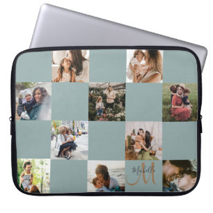 Housse Pour Ordinateur Portable Collage photo vert et or Monogramme