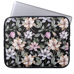 Housse Pour Ordinateur Portable Colonne Exotique : Aquarelle Florale Noire.
