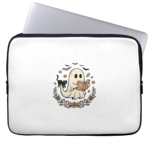 Housse Pour Ordinateur Portable Conception de vecteur floral Halloween Chat fantôm