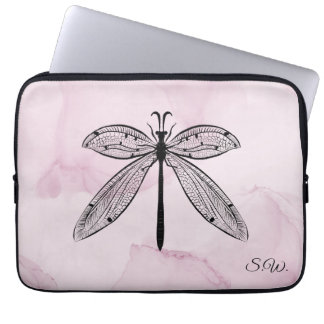 Housse Pour Ordinateur Portable Cool Dragonfly Cottagecore Monogramme rose