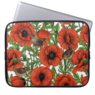 Housse Pour Ordinateur Portable Coquelicots rouges et roitelets, feuilles vertes s