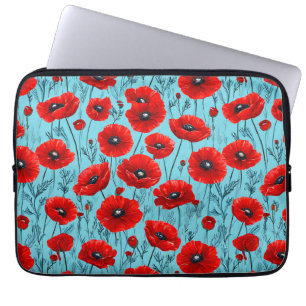 Housse Pour Ordinateur Portable Coquelicots rouges sur fond bleu