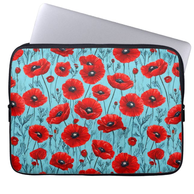 Housse Pour Ordinateur Portable Coquelicots rouges sur fond bleu (Devant)