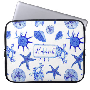 Housse Pour Ordinateur Portable Coquillage bleu mélangé motif-nom monogramme perso