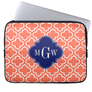 Housse Pour Ordinateur Portable Corail Blanc Marocain #6 Marine 3 Monogramme initi