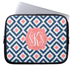 Housse Pour Ordinateur Portable corail du monogramme 3-Letter et motif bleu d'Ikat