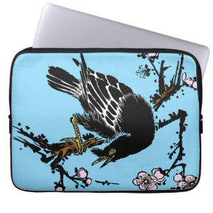 Housse Pour Ordinateur Portable Corneille japonaise vintage et fleurs de cerisiers