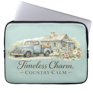 Housse Pour Ordinateur Portable Cottage Fleur Sauvage Calme Camion Bleu Vintage