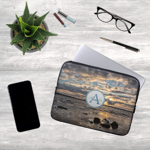 Housse Pour Ordinateur Portable Coucher de soleil à la mer photo avec monogramme e