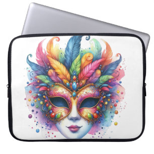 HOUSSE POUR ORDINATEUR PORTABLE COULEUR D'EAU PASTEL MARDI GRAS MASK & FEATHERS