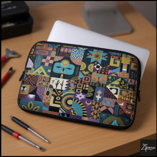 Housse Pour Ordinateur Portable Courte patchwork de style folk art aux tons feutré