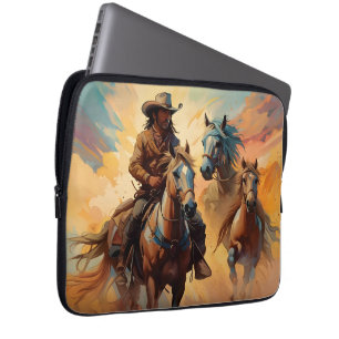 Housse Pour Ordinateur Portable Cowboy Chevaux Occidentaux bleu Tan Collage