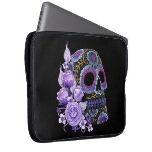 Housse Pour Ordinateur Portable Crâne de sucre noir violet Floral Jour des morts