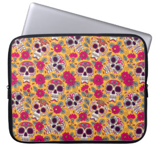 Housse Pour Ordinateur Portable Crâne et fleurs. Arrière - plan sans couture. da m