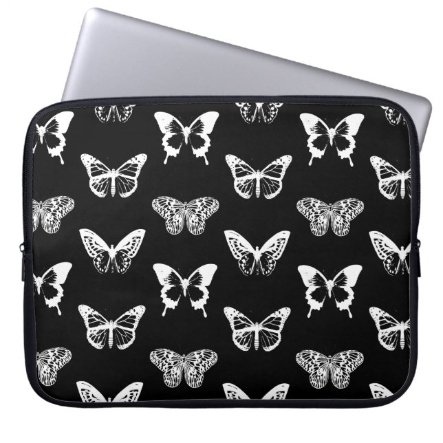 Housse Pour Ordinateur Portable Croquis papillon, blanc et noir (Devant)