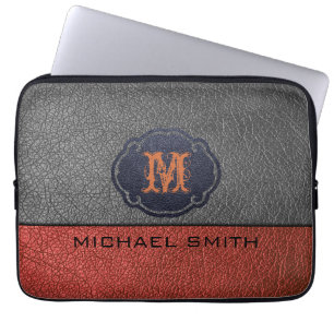 Housse Pour Ordinateur Portable Cuir Brown et noir. Monogramme personnalisé