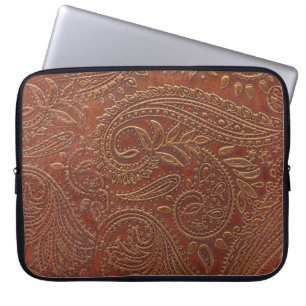 Housse Pour Ordinateur Portable Cuir Brown, motifs floraux à outils.