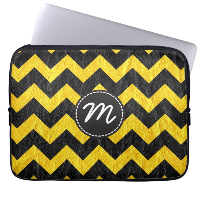 Housse Pour Ordinateur Portable Cuir jaune noir moderne de Chevron (Devant)