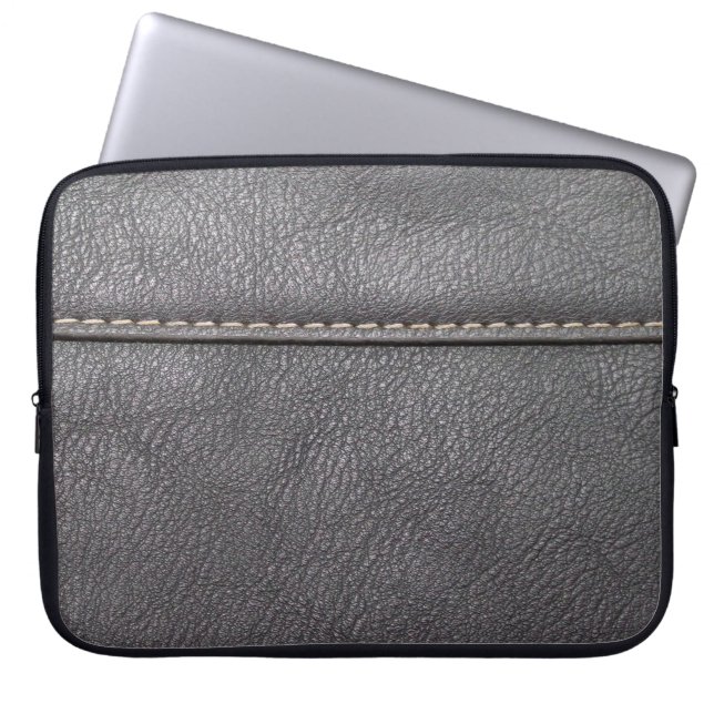 Housse Pour Ordinateur Portable Cuir noir cousu avec couture blanche (Devant)