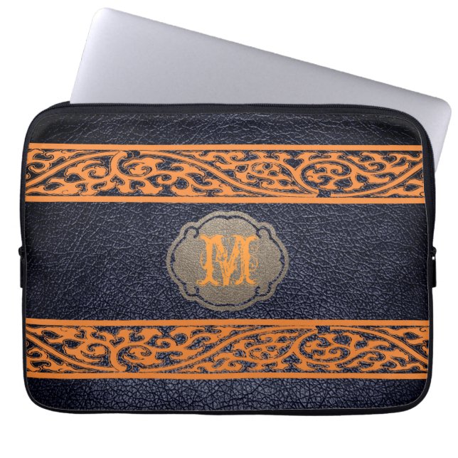 Housse Pour Ordinateur Portable Cuir noir. Monogramme personnalisé (Devant)