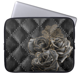 HOUSSE POUR ORDINATEUR PORTABLE CUIR NOIR RESSEMBLE MOTIF AVEC ROSES D'OR NOIR
