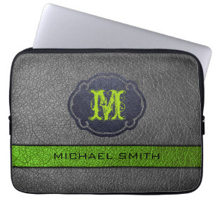 Housse Pour Ordinateur Portable Cuir Vert et Gris Monogramme Personnalisé