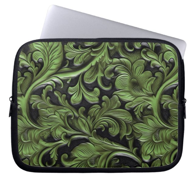 Housse Pour Ordinateur Portable Cuir vert rustique travaillé  (Devant)