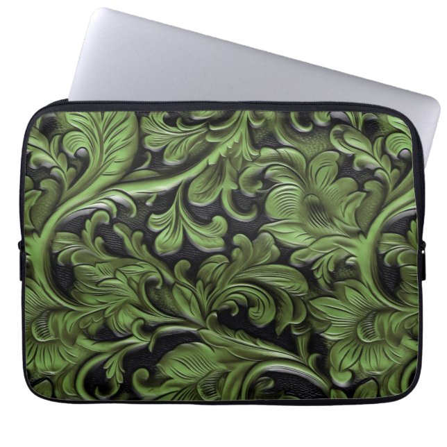 Housse Pour Ordinateur Portable Cuir vert rustique travaillé  (Devant)