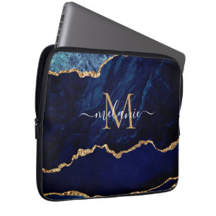Housse Pour Ordinateur Portable Custom Name Agate Blue Gold Marble Laptop Sleeve