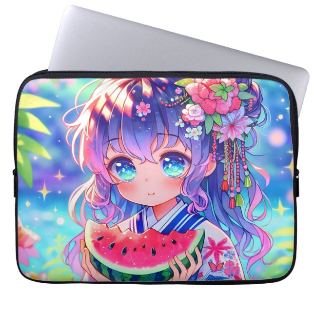 Housse Pour Ordinateur Portable Cute Anime Girl Manger Watermelon sur une journée  (Devant)