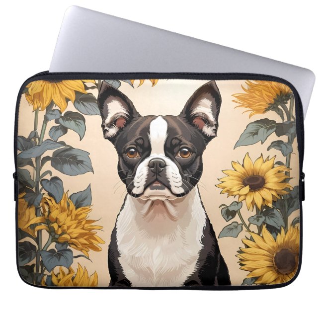 Housse Pour Ordinateur Portable Cute Boston Terrier Yellow Sunflowers (Devant)