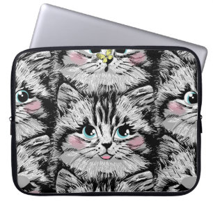Housse Pour Ordinateur Portable Cute chaton en furie face motif sans couture. Illu