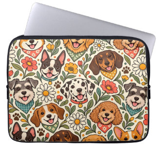 Housse Pour Ordinateur Portable Cute Dogs and Colorful Floral Pattern