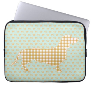Housse Pour Ordinateur Portable Cute En vichy Dachshund Monogram Canard Oeuf Bleu