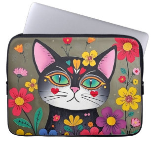 Housse Pour Ordinateur Portable Cute Folk Art Chat noir et fleurs