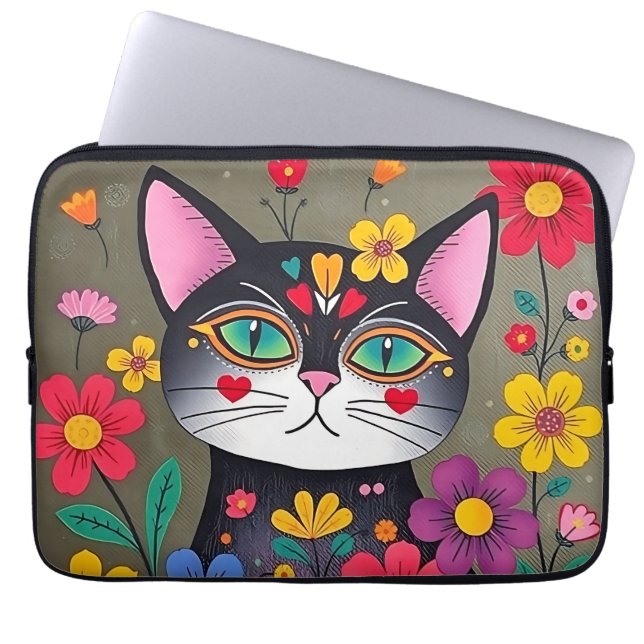 Housse Pour Ordinateur Portable Cute Folk Art Chat noir et fleurs (Devant)