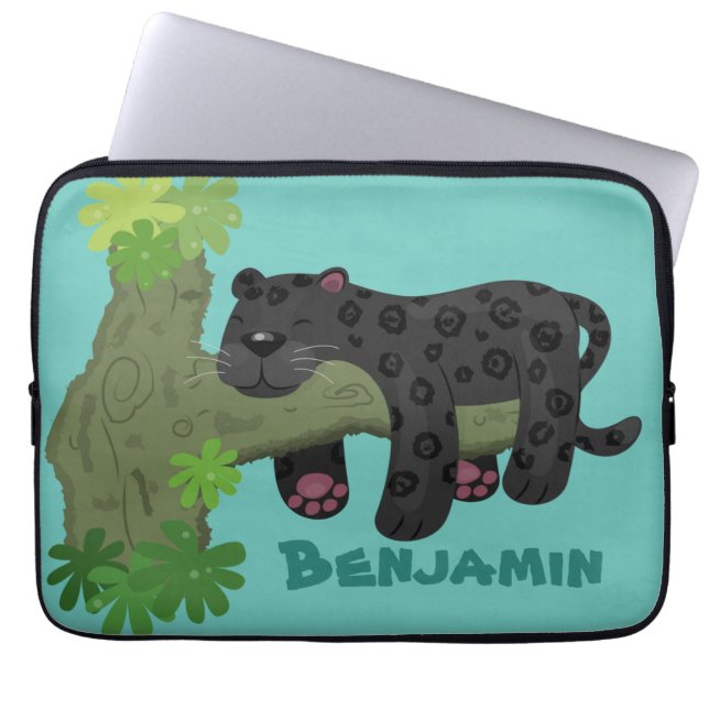 Housse Pour Ordinateur Portable Cute jaguar black panther cat cartoon illustration (Devant)