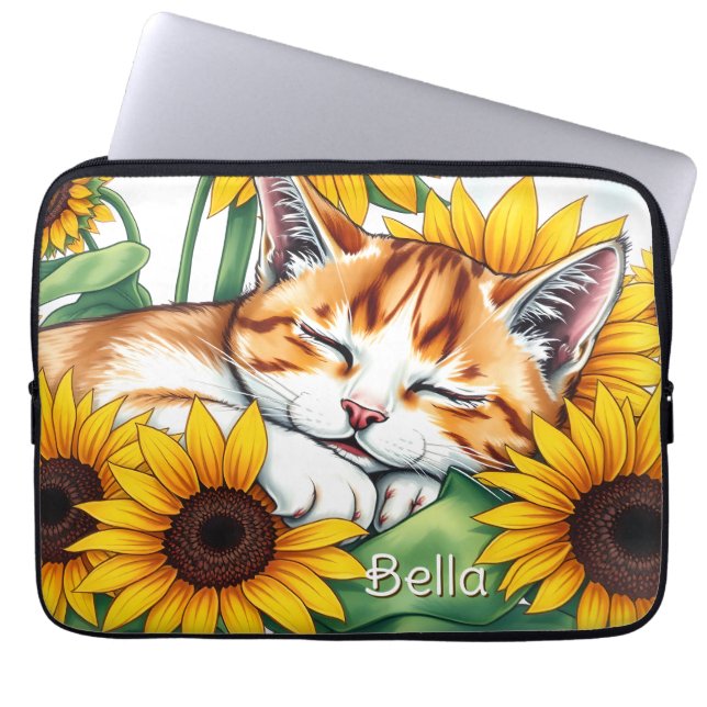Housse Pour Ordinateur Portable Cute Napping Kitten and Sunflowers Personalized (Devant)