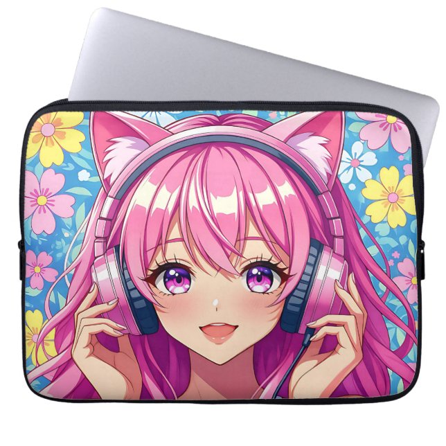 Housse Pour Ordinateur Portable Cute Pink Anime Girl with Headphones (Devant)