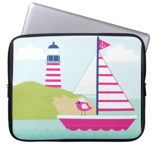 Housse Pour Ordinateur Portable Cute Pink Sail Boat and Lighthouse