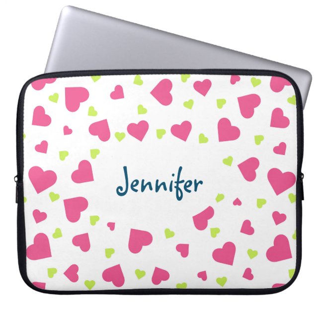 Housse Pour Ordinateur Portable Cute rose et vert Tumbling Hearts Motif (Devant)
