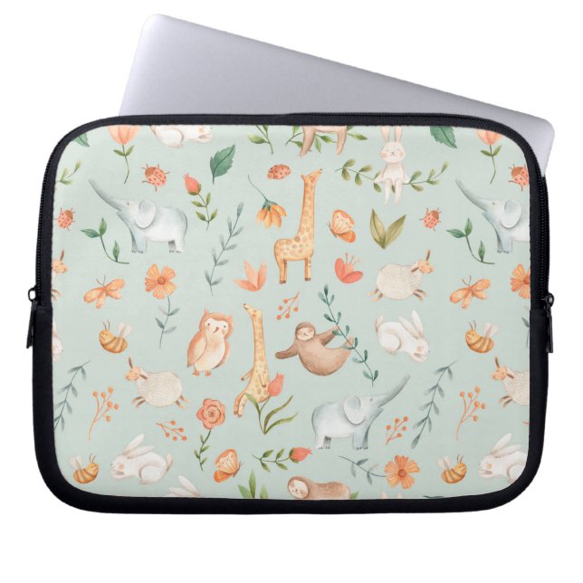 Housse Pour Ordinateur Portable Cute Teal Baby Animal Pastel Pattern (Devant)