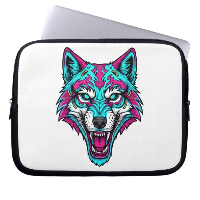 Housse Pour Ordinateur Portable Cyberpunk Neon Wolf - Synthwave Robotic Animal (Devant)