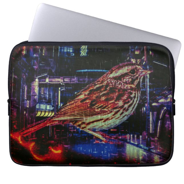 Housse Pour Ordinateur Portable Cyberpunk Sparrow dans Neon Cityscape (Devant)