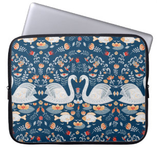 Housse Pour Ordinateur Portable Cygnes, poissons, fleurs, motifs folkloriques.