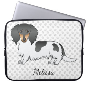 Housse Pour Ordinateur Portable Dachshund à poils longs piebalde noir et feu & Nom