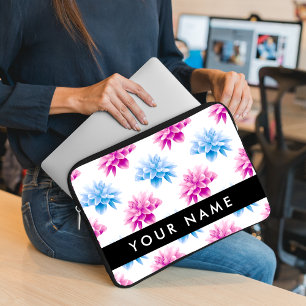 Housse Pour Ordinateur Portable Dahlia rose et bleu, motif floral, Votre nom