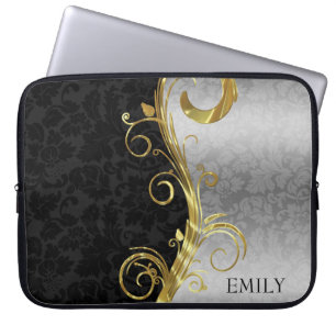 Housse Pour Ordinateur Portable Damas Et Fils Noirs Et Argent